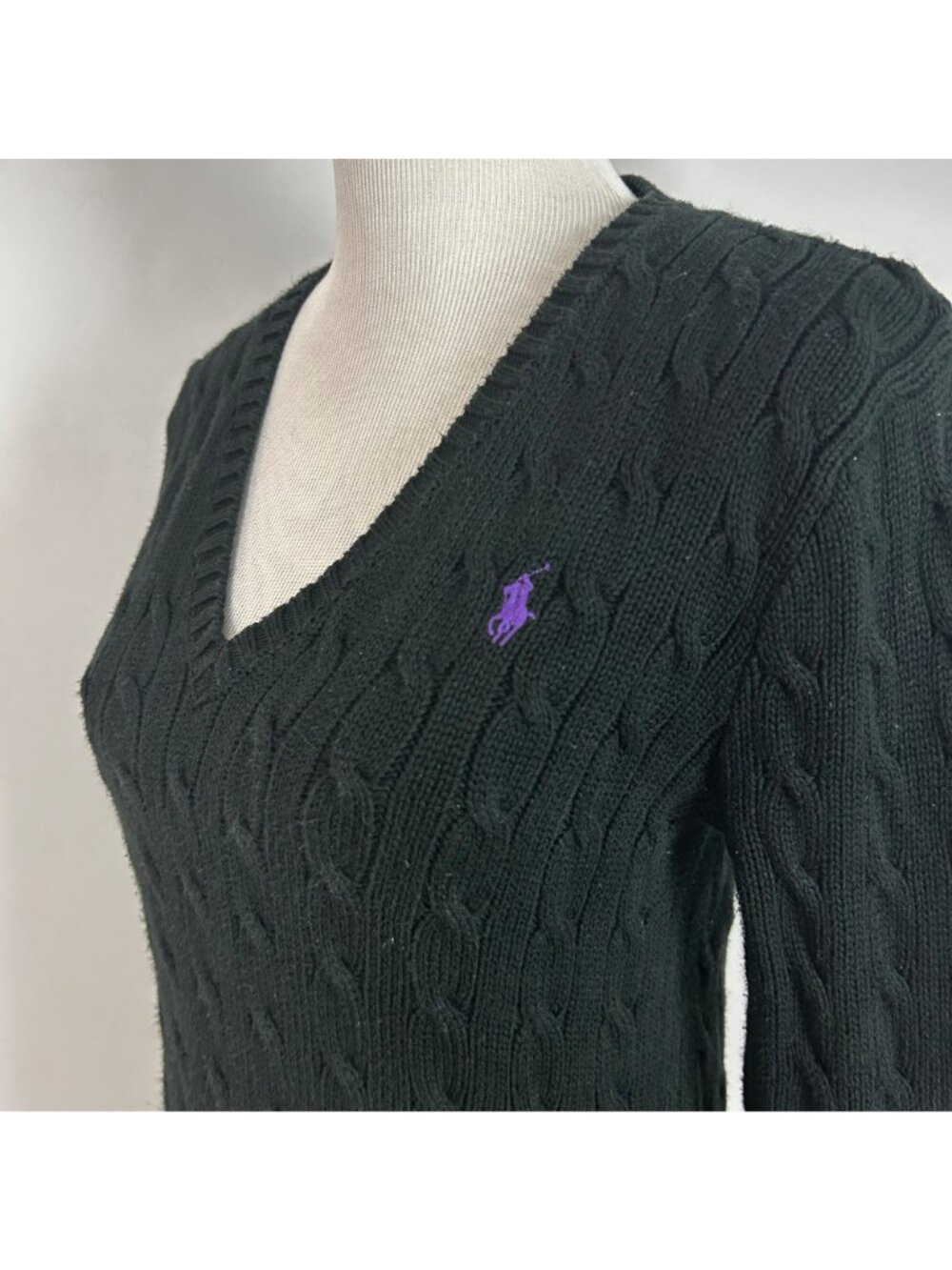 Vtg Ralph Lauren Sport Black Cable Knit V-neck Sweater Old Money Y2K Size Large - Picture 3 of 5